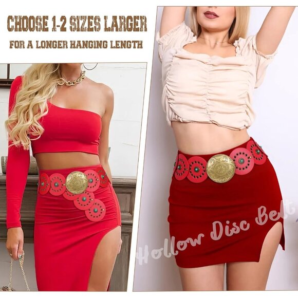 Woman's Western PU Leather Belts Concho Disc Wide Waist Belt Red Bronze Buckle - Picture 4 of 6